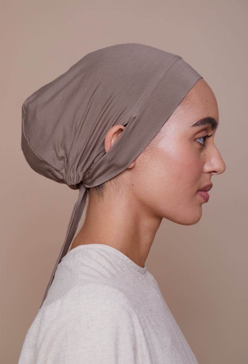 Ear-Slit Tie-Back Underscarf (Bamboo) Earth Taupe