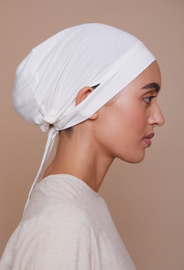 Ear-Slit Tie-Back Underscarf (Bamboo) Ivory