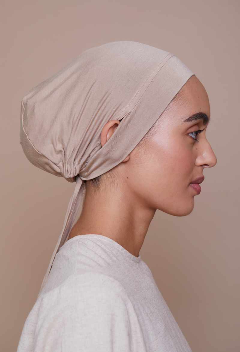 Ear-Slit Tie-Back Underscarf (Bamboo) Light Taupe