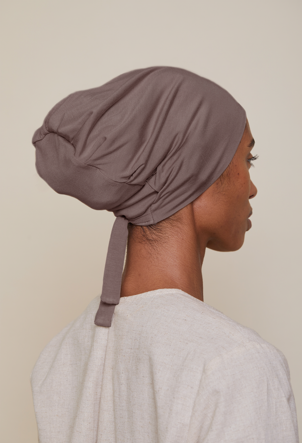 Satin-Lined Tie-Back underscarf (Bamboo) - Earth Grey