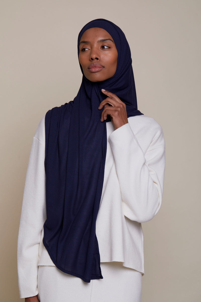 Instant Bamboo Ribbed Jersey Hijab - Navy Blue